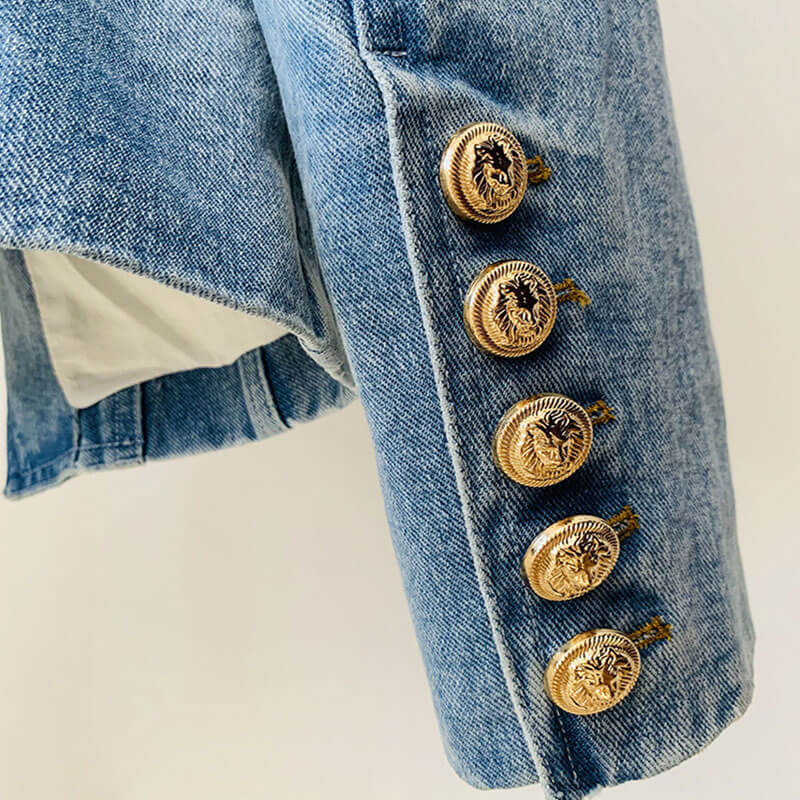 Double Breasted Blazer Jean Jacket With Gold Buttons Denim Peak