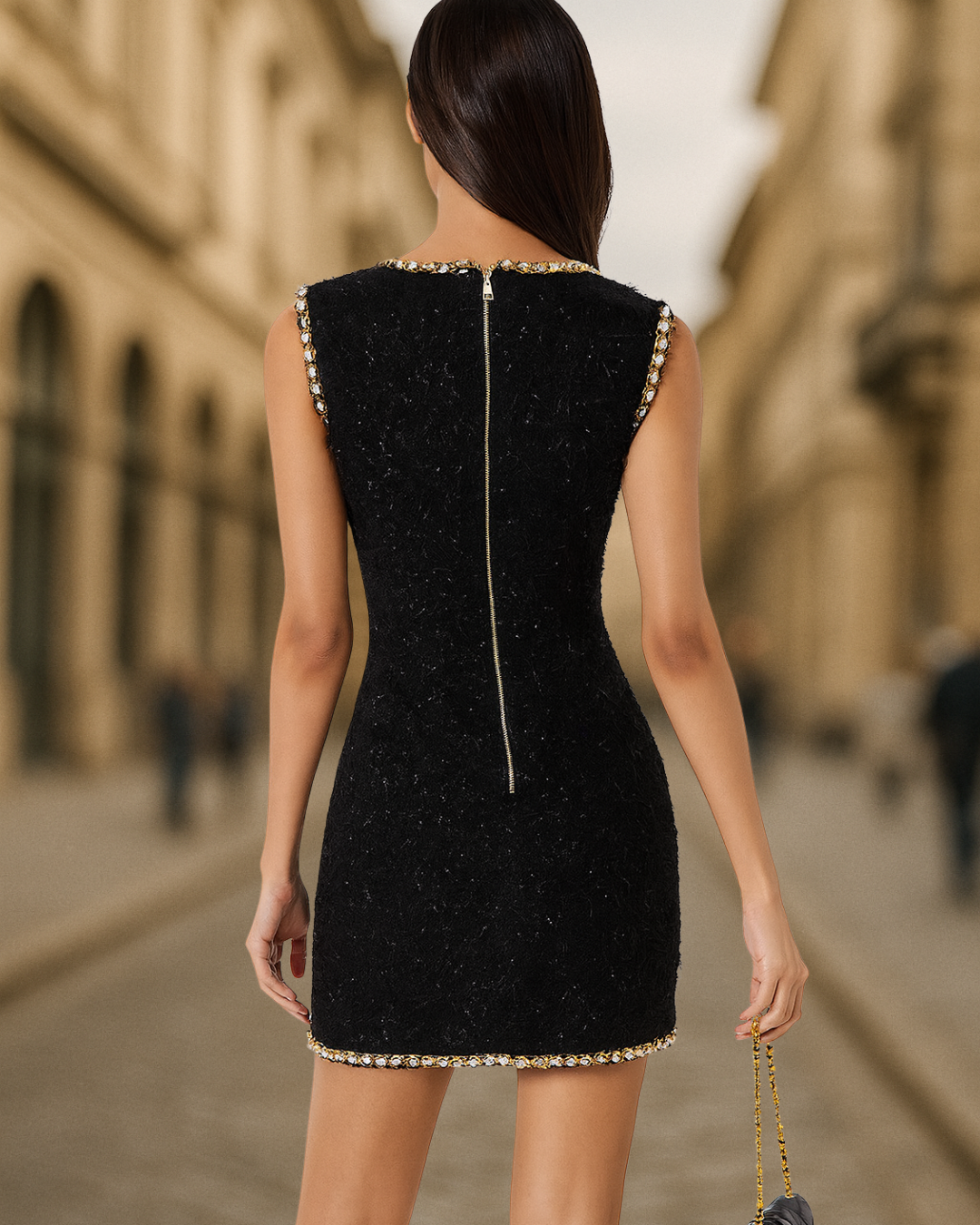 Black Tweed Pearl Accent Gold Button Mini Dress