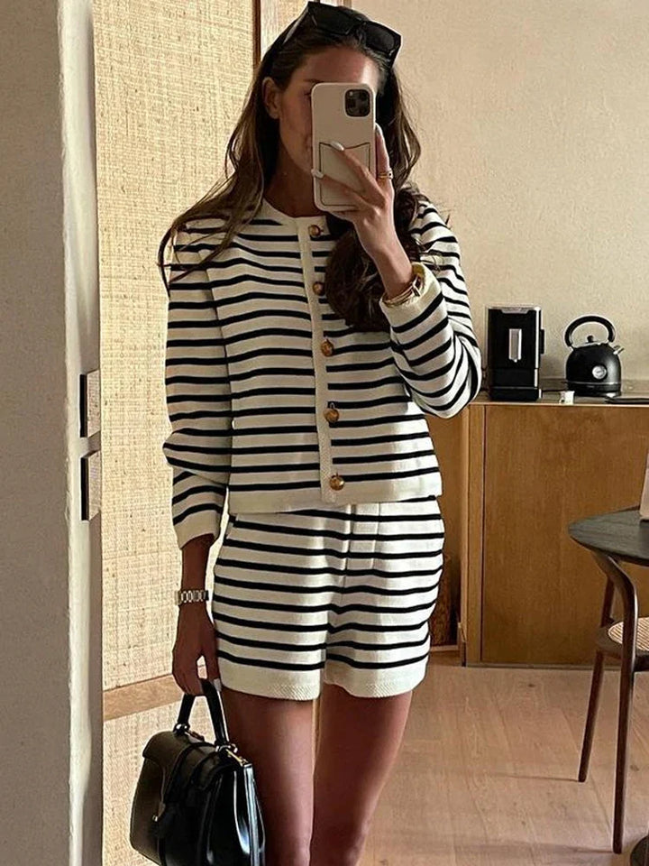 Mykonos Striped Gold Button Cardigan & Shorts Matching Set