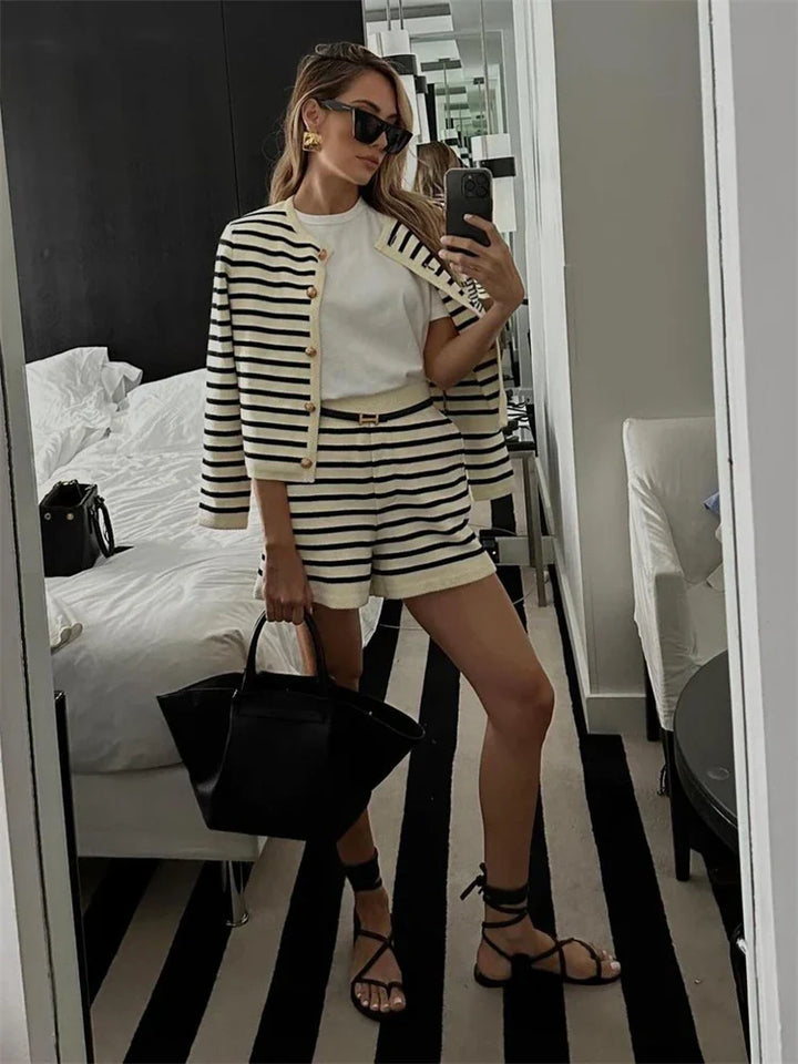Mykonos Striped Gold Button Cardigan & Shorts Matching Set