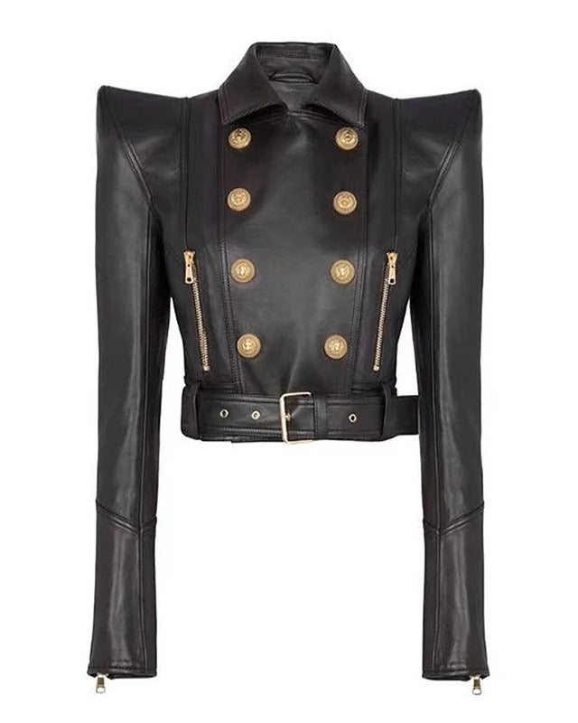 Black Runway Leather Gold Button Moto Jacket
