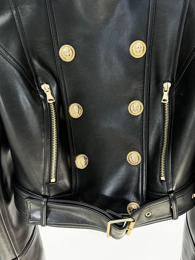 Black Runway Leather Gold Button Moto Jacket