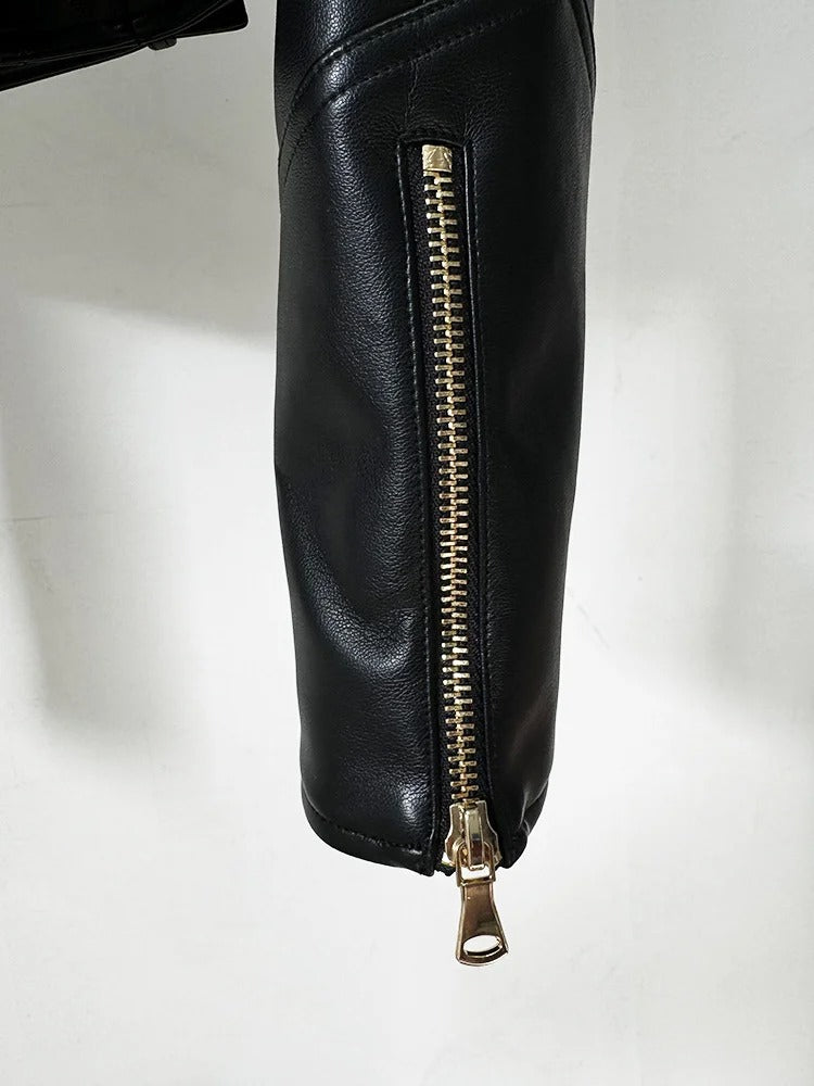 Black Runway Leather Gold Button Moto Jacket