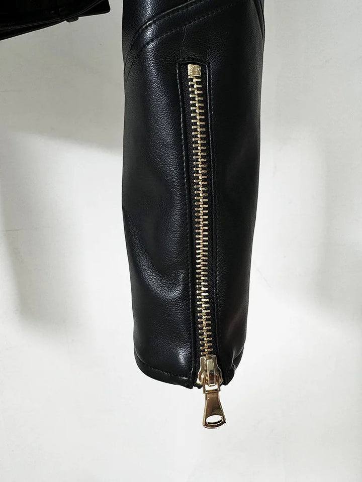 Black Runway Leather Gold Button Moto Jacket