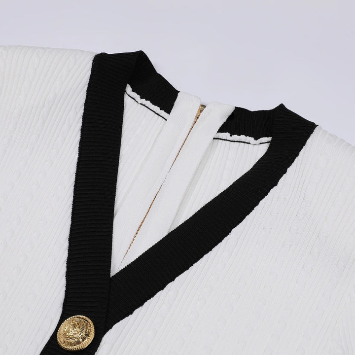 Chantelle Noir Contrast Knit Gold Button Short Sleeve Dress