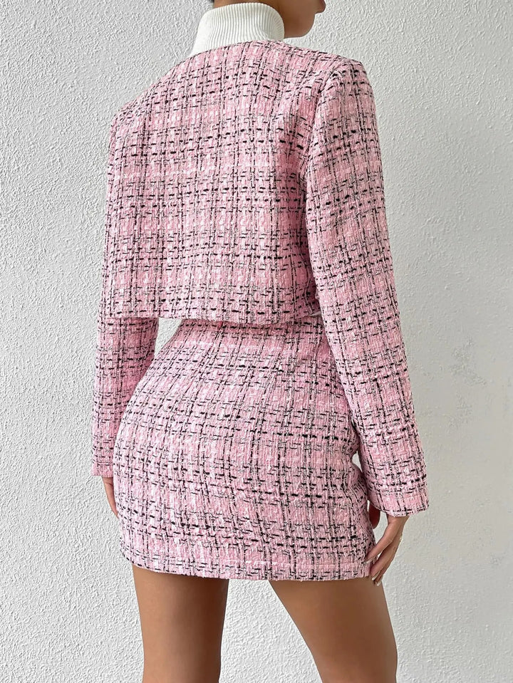 Tweed Silver Button Matching Jacket & Skirt Set
