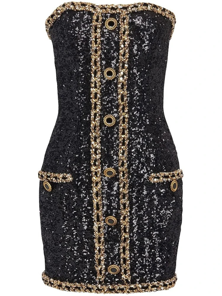 Monte Carlo Black & Gold Chain Sequin Mini Dress