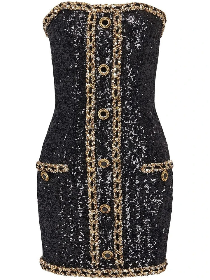 Monte Carlo Black & Gold Chain Sequin Mini Dress