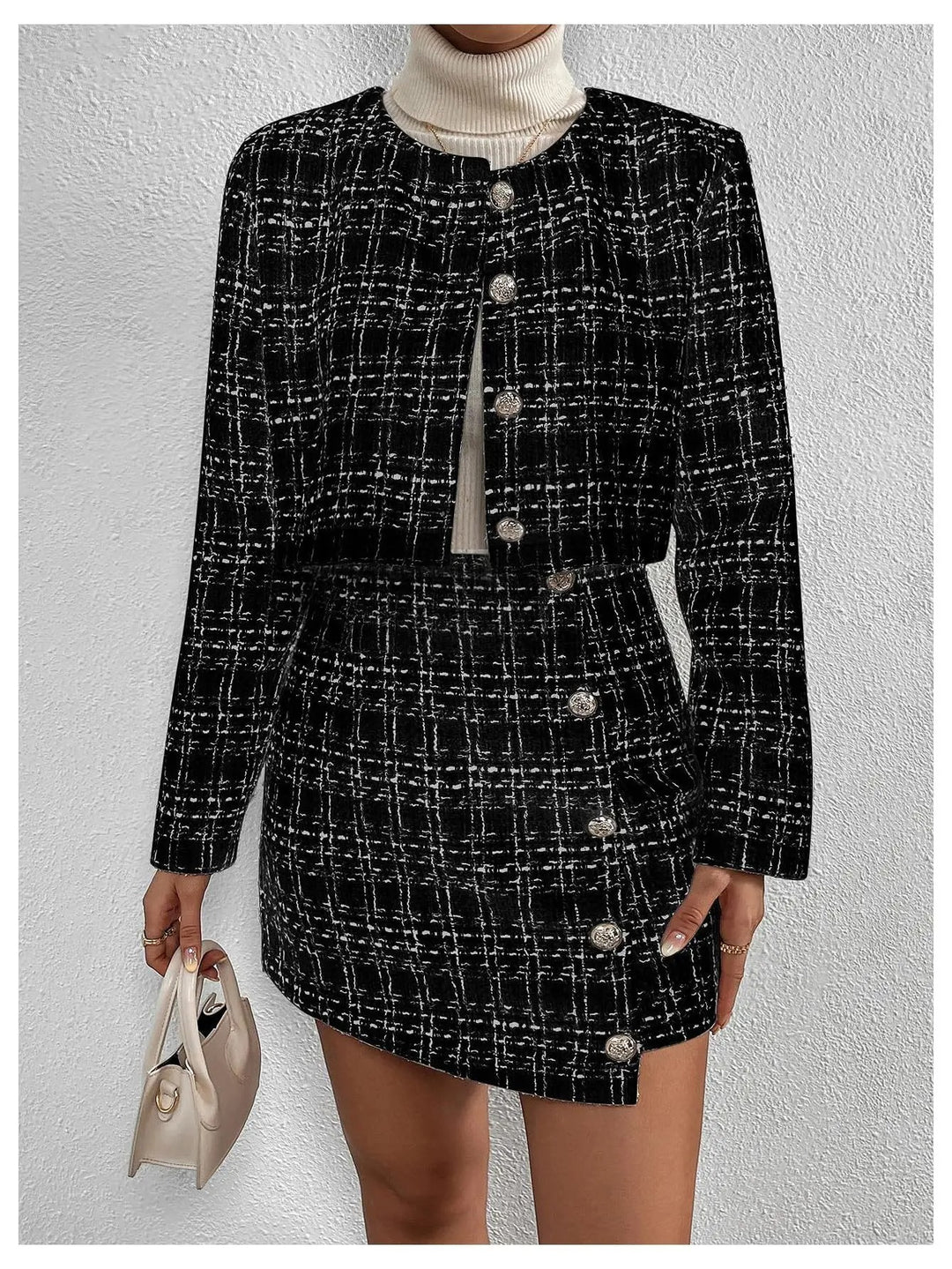 Tweed Silver Button Matching Jacket & Skirt Set