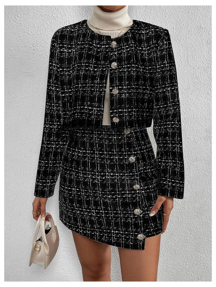 Tweed Silver Button Matching Jacket & Skirt Set