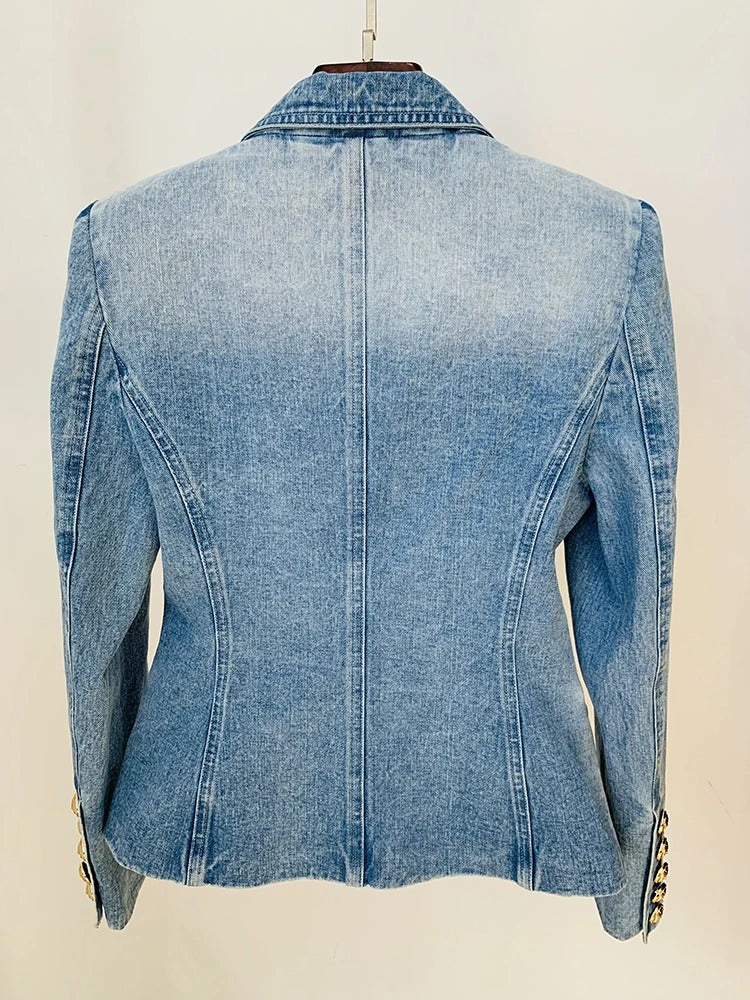 Denim Washed Double Breasted Gold Button Blazer