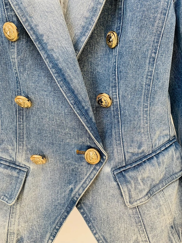 Denim Washed Double Breasted Gold Button Blazer