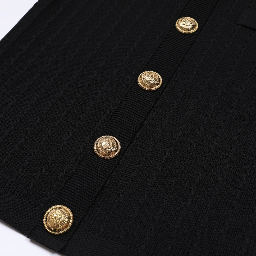 Chantelle Noir Contrast Knit Gold Button Short Sleeve Dress