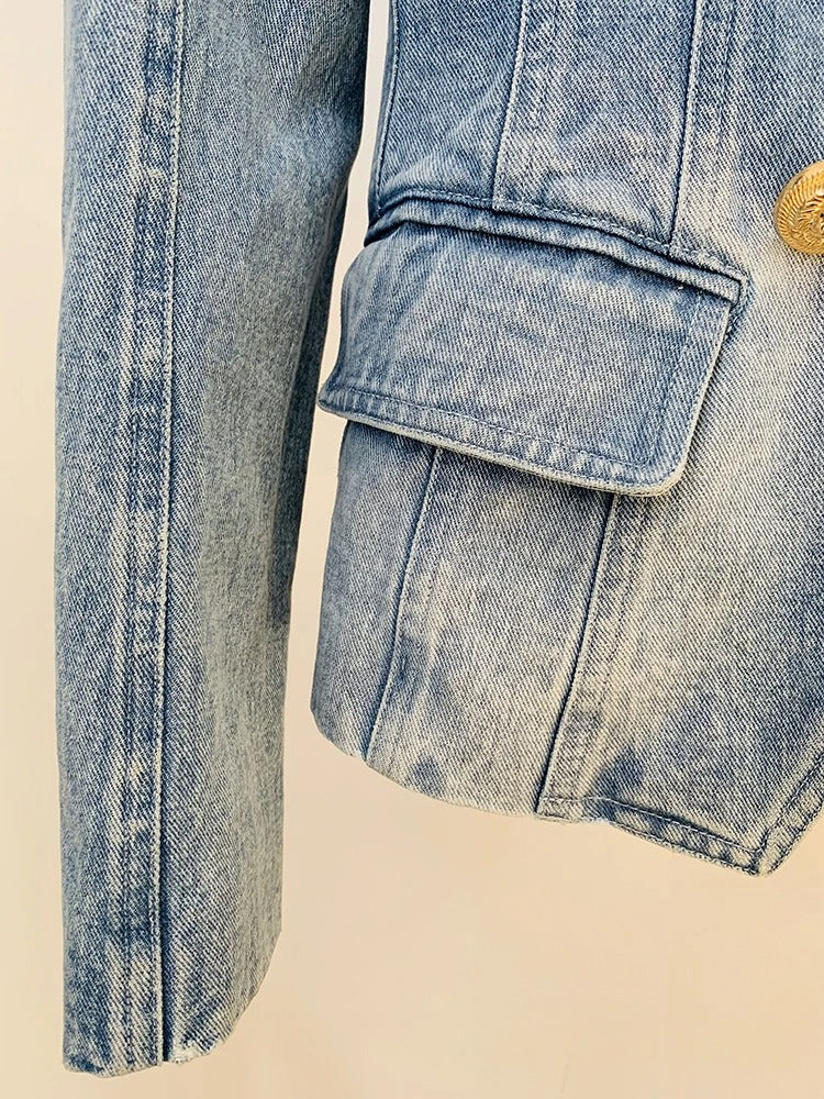 Denim Washed Double Breasted Gold Button Blazer