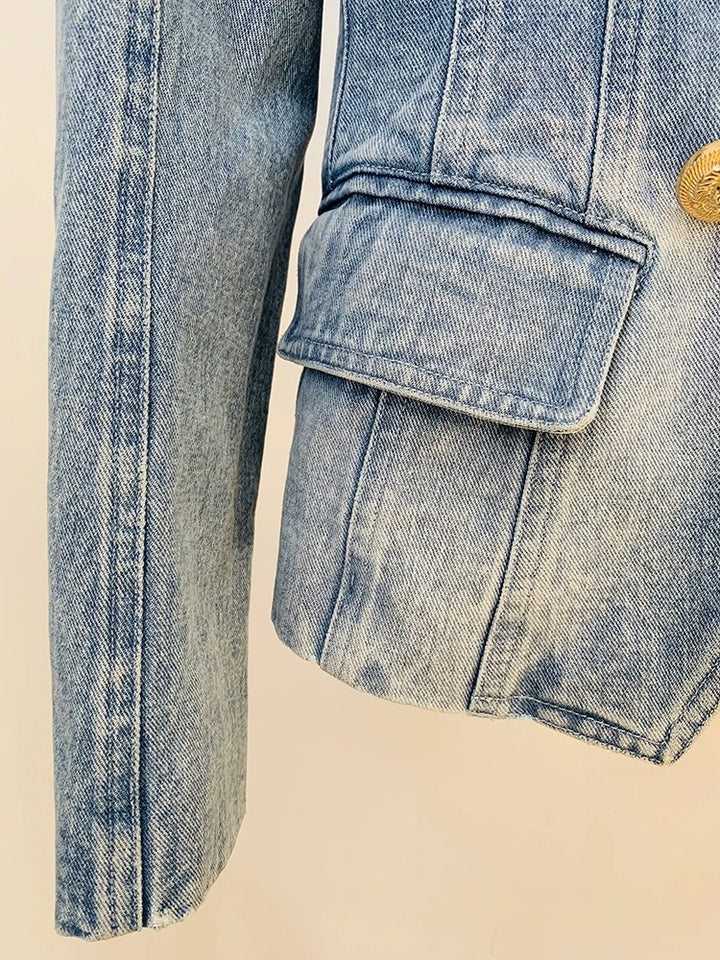 Denim Washed Double Breasted Gold Button Blazer