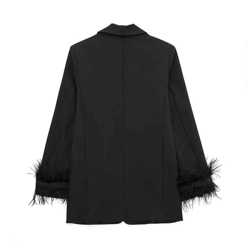 Black Classic Feather Cuff Women's Blazer