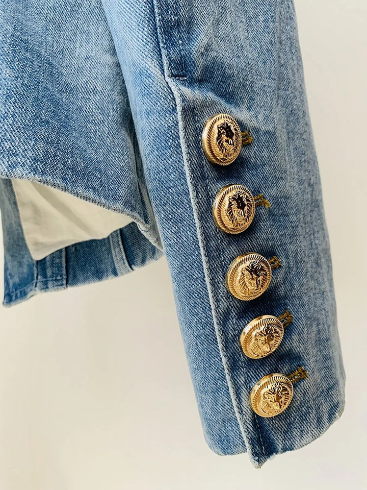 Denim Washed Double Breasted Gold Button Blazer
