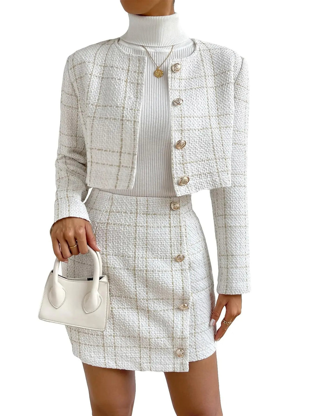 Tweed Silver Button Matching Jacket & Skirt Set
