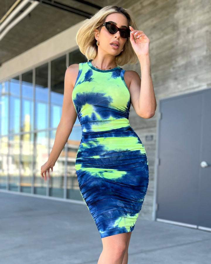 Neon Ruched Sleeveless Marble Tie Dye Dress