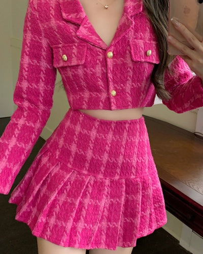 Pink Tweed Houndstooth Jacket Skirt Set