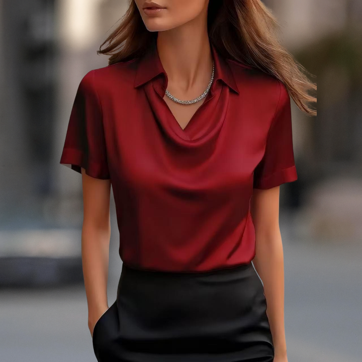 London Chic Silky Satin Short Sleeve Draped Neck Blouse