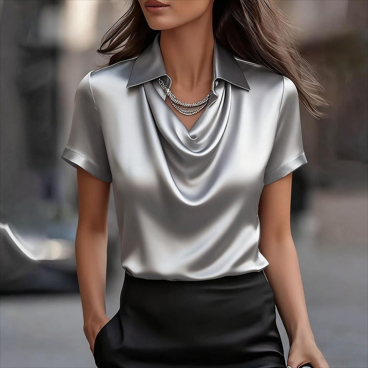 London Chic Silky Satin Short Sleeve Draped Neck Blouse