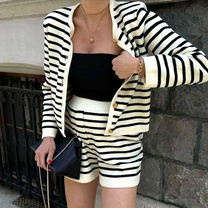 Mykonos Striped Gold Button Cardigan & Shorts Matching Set
