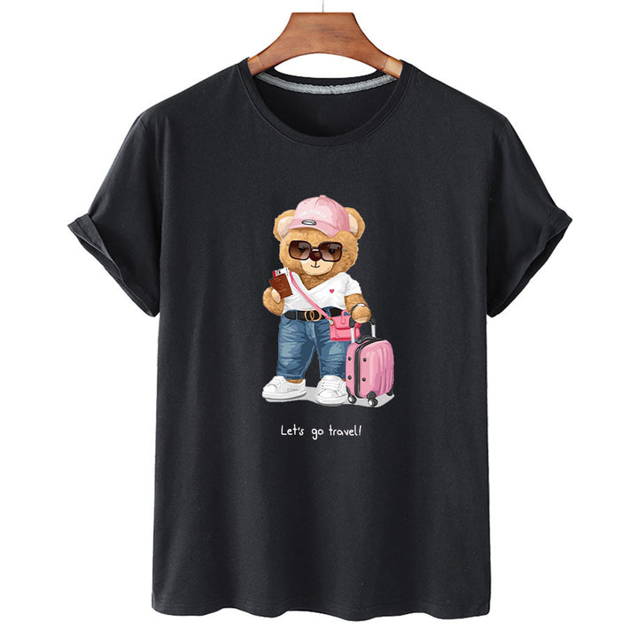 "Lets Go Travel" Stylish Bear Short Sleeved Graphic Tee