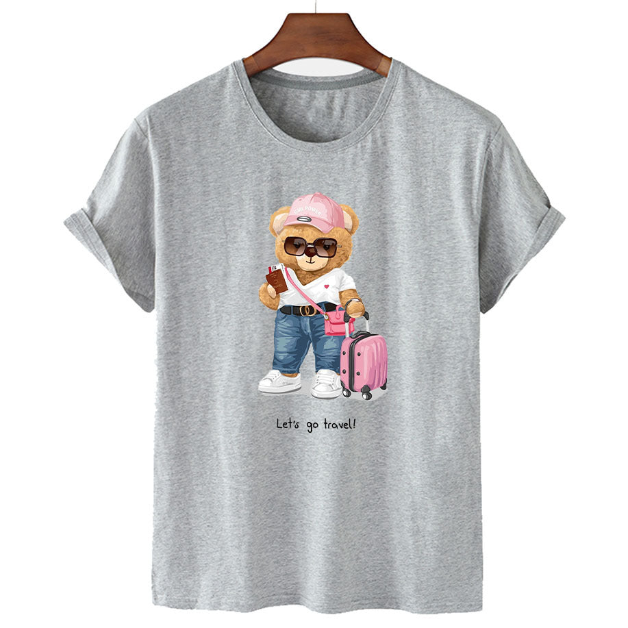 "Lets Go Travel" Stylish Bear Short Sleeved Graphic Tee