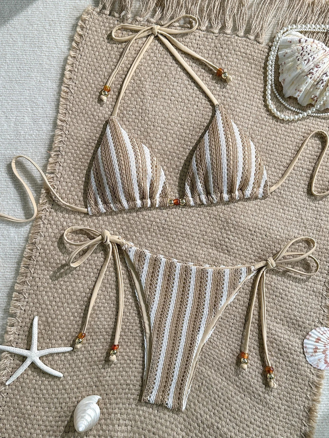 Positano Khaki Knit Striped Resort Bikini