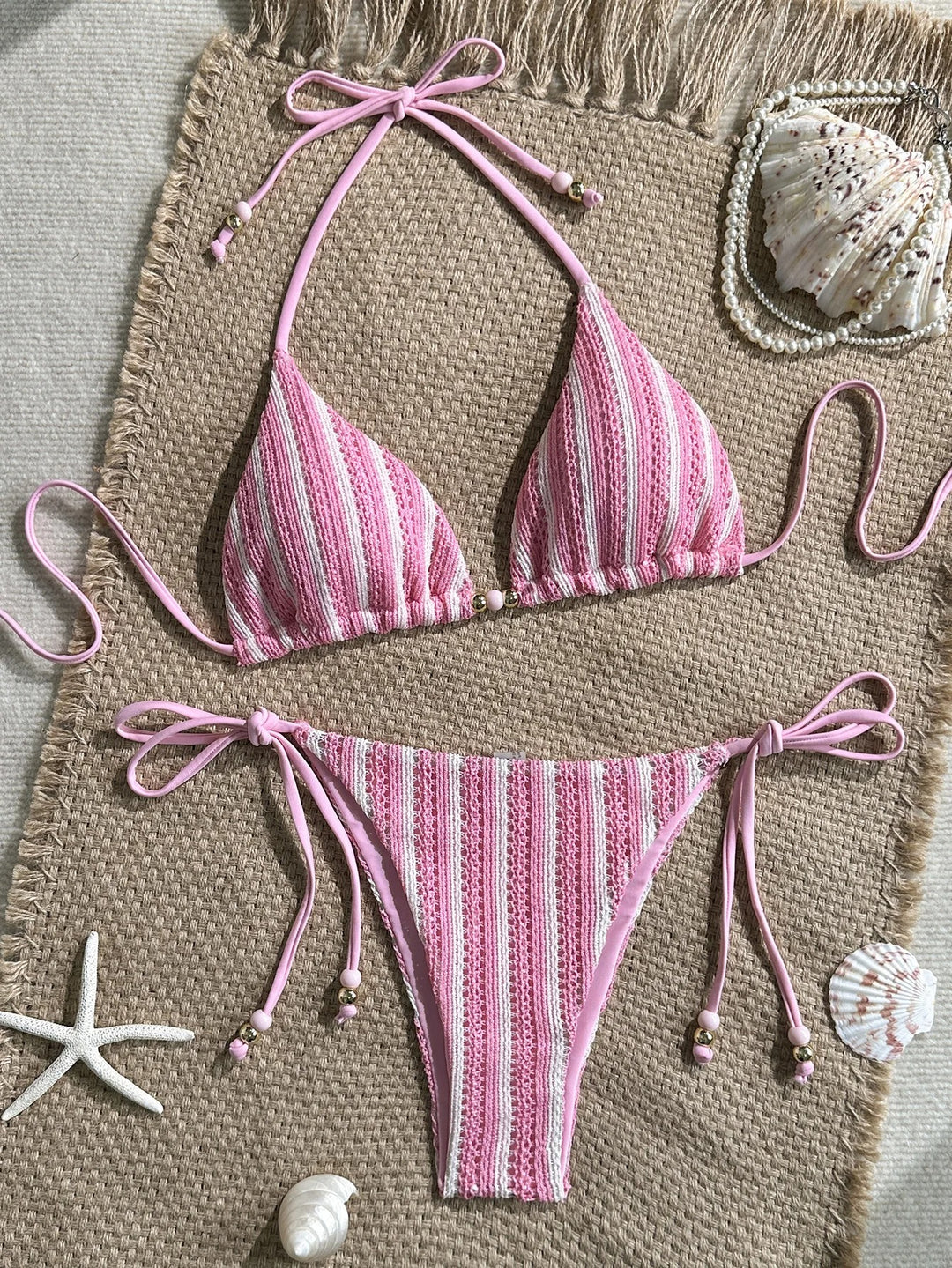Positano Baby Pink Knit Striped Resort Bikini