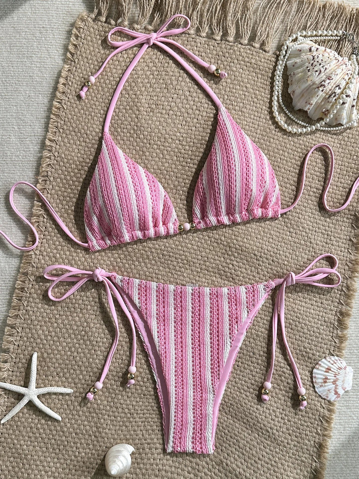 Positano Baby Pink Knit Striped Resort Bikini
