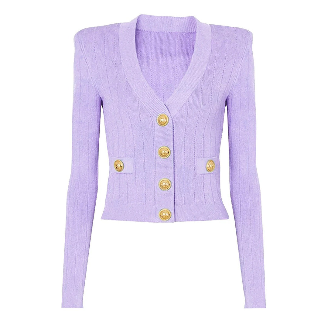 lavender purple gold button cardigan
