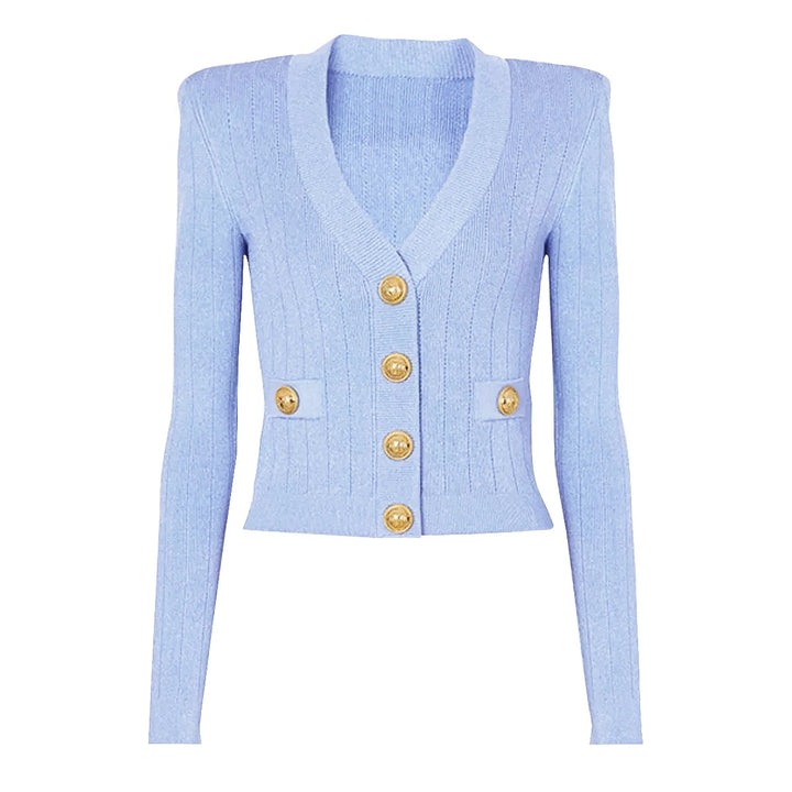 baby blue gold button sweater