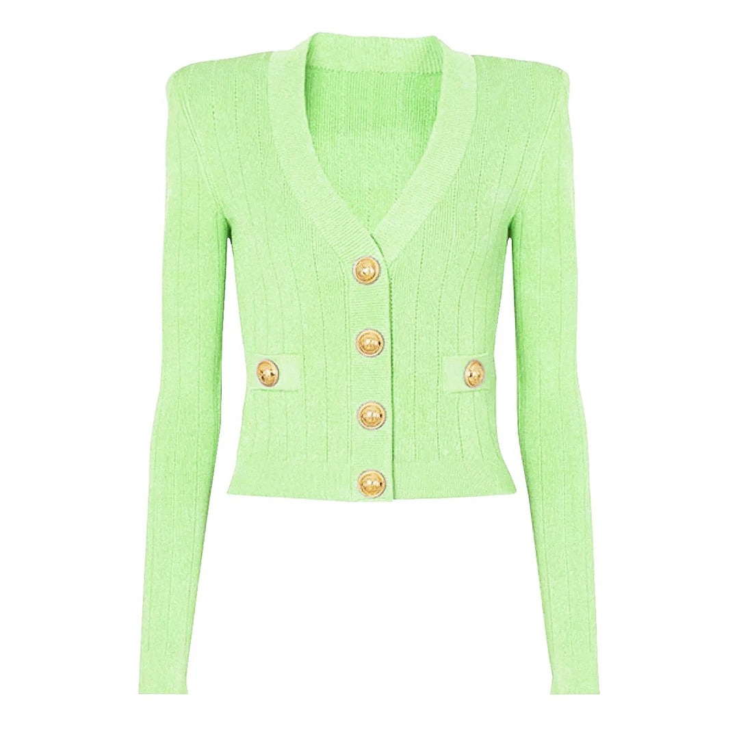 light green gold button sweater