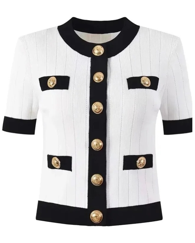 Black & White Short Sleeve Ribbed Gold Button Cardigan