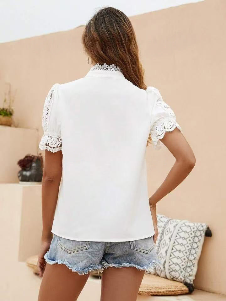 Charlotte White Lace Pearl Button Up Blouse