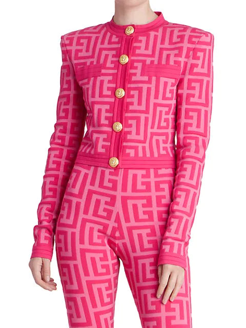 Pink Cropped Jacquard Gold Button Sweater