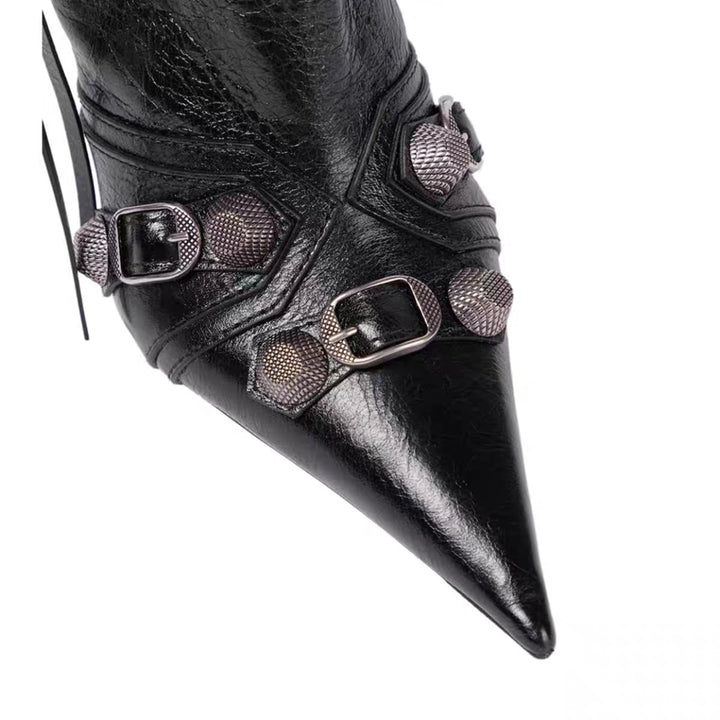 Black Knee High Pointed Toe Metal Embellished Boots