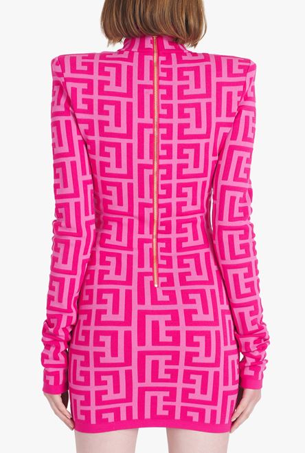 Pink Jacquard Embroidered High Neck Fitted Dress