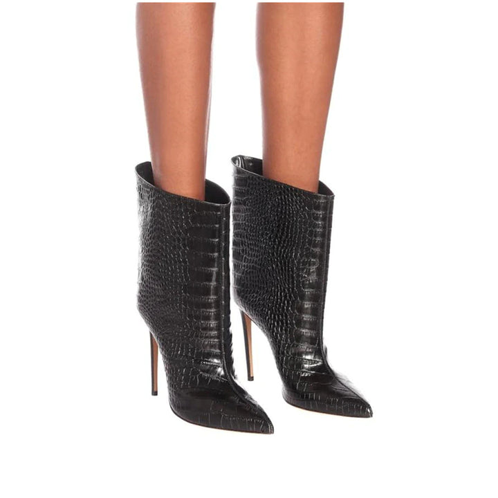 Black Croc Embossed Ankle Boots