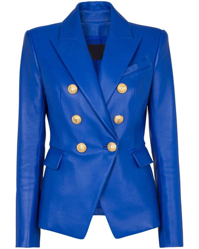 cobalt blue leather gold button blazer