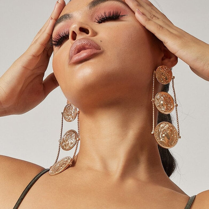 Gold Coin Medallion Drop Earrings