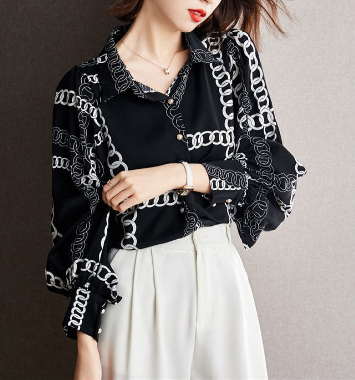 Black & White Vintage Chain Silk Blouse