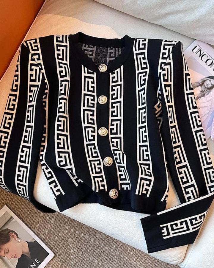 Black & White Jacquard Gold Button Sweater