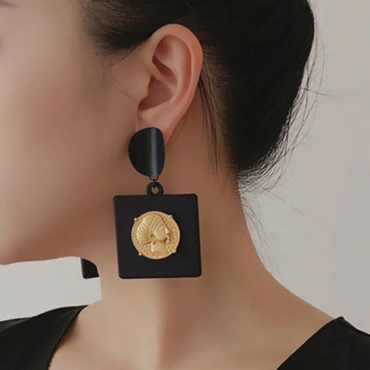 Black & Gold Square Vintage Drop Earrings