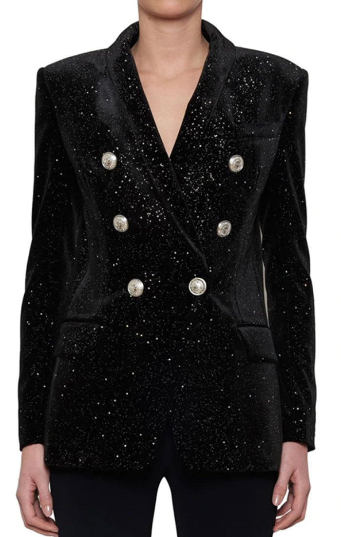 Black Velvet Sequin Silver Button Blazer