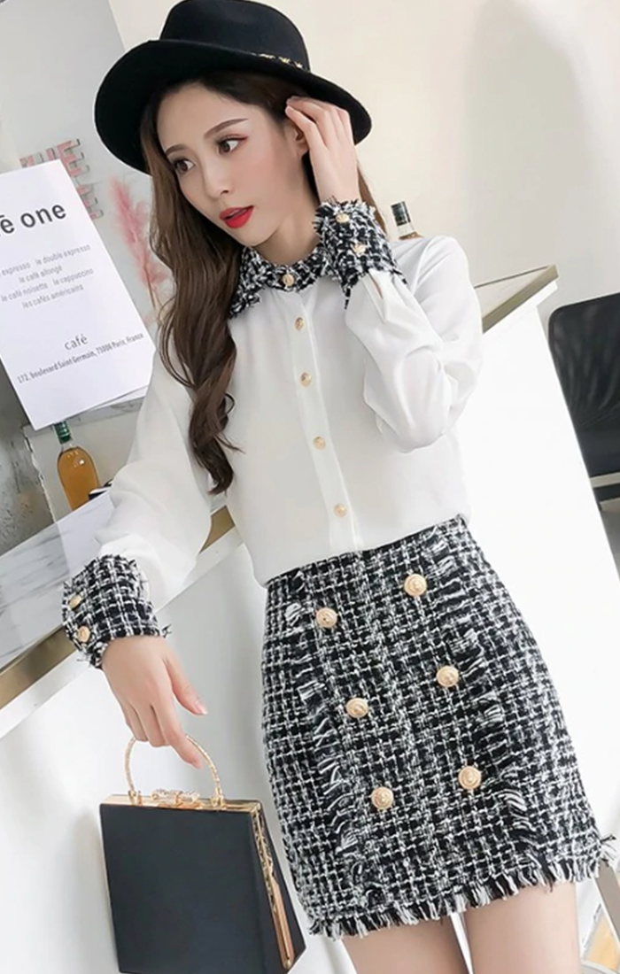 Tweed Gold Button Skirt & Blouse 2 Piece Set