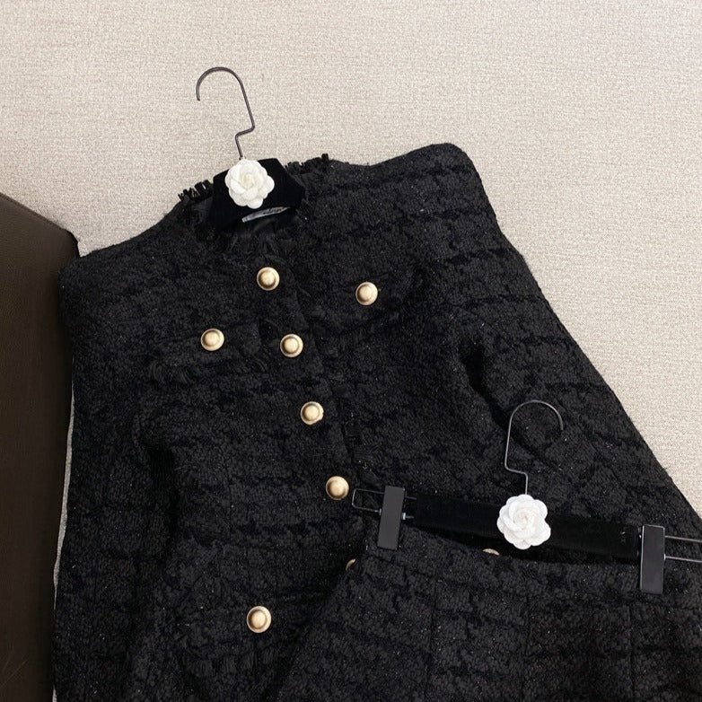 2-Piece Gold Button Tweed Jacket & Skirt Set