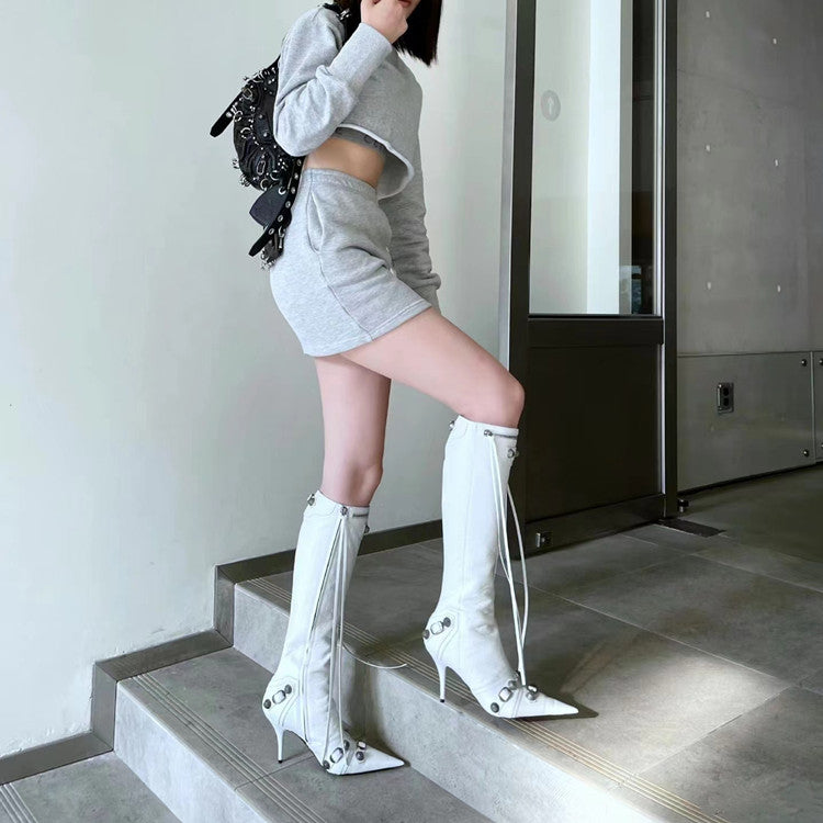 White Knee High Pointed Toe Metal Embellished Boots